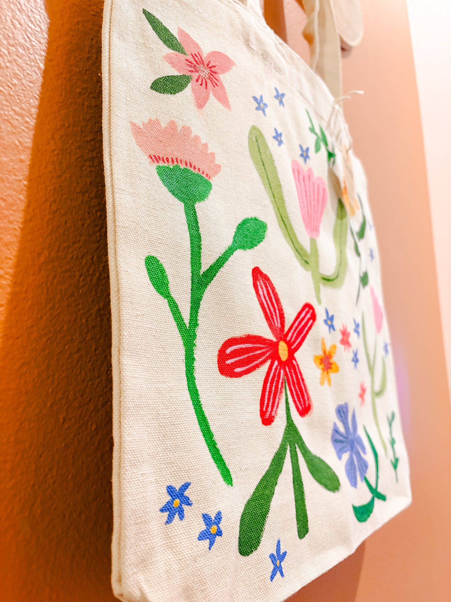 Hand-Stamped Flower Canvas Tote Bag