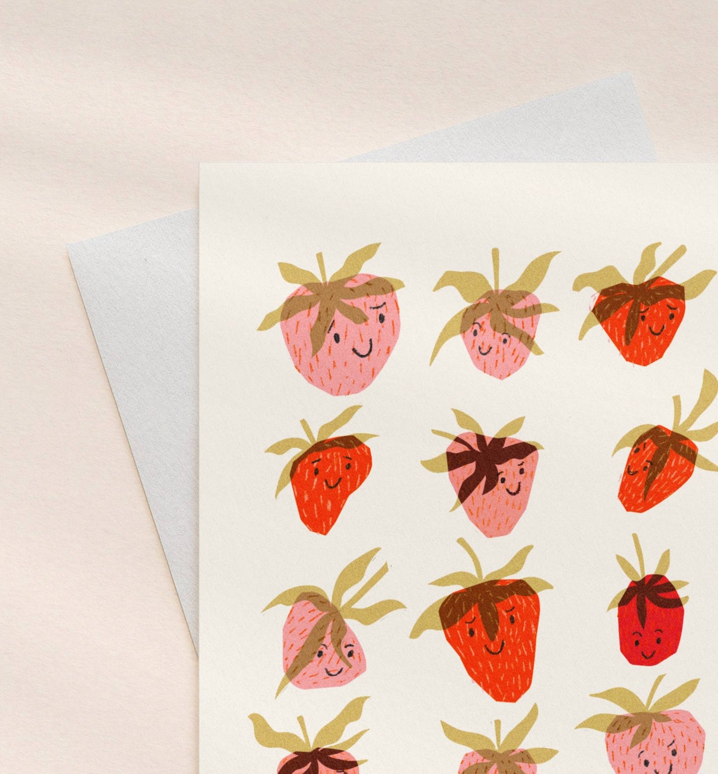 strawberry greeting card smiling happy strawberries pattern on a light background