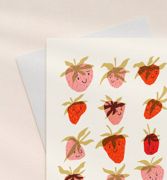 strawberry greeting card smiling happy strawberries pattern on a light background