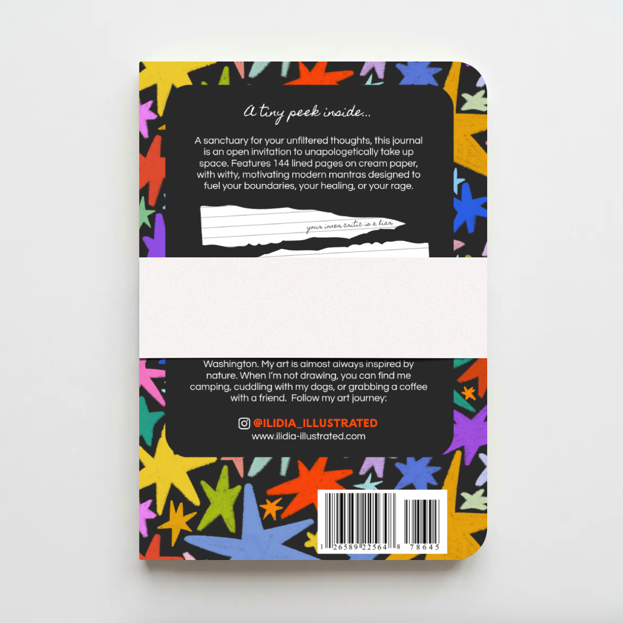 Back cover of a colorful notebook with text and a barcode on a white background