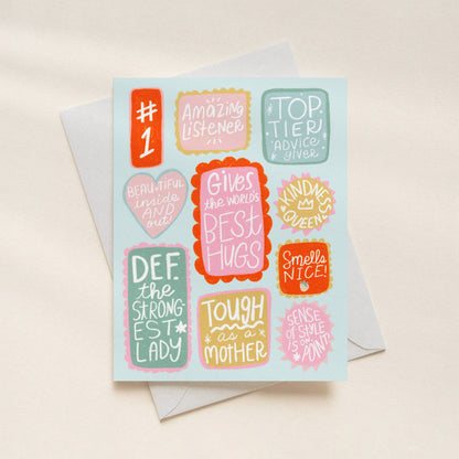Colorful greeting card with badges on a blue background