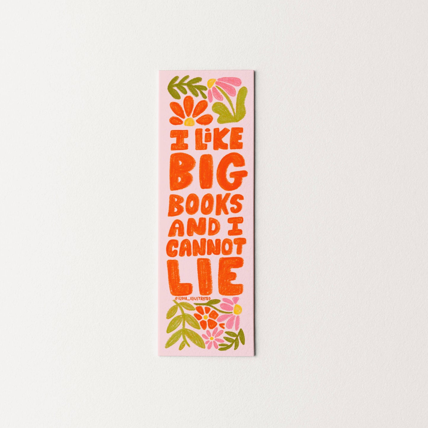 Bookmark with colorful text and floral designs on a white background