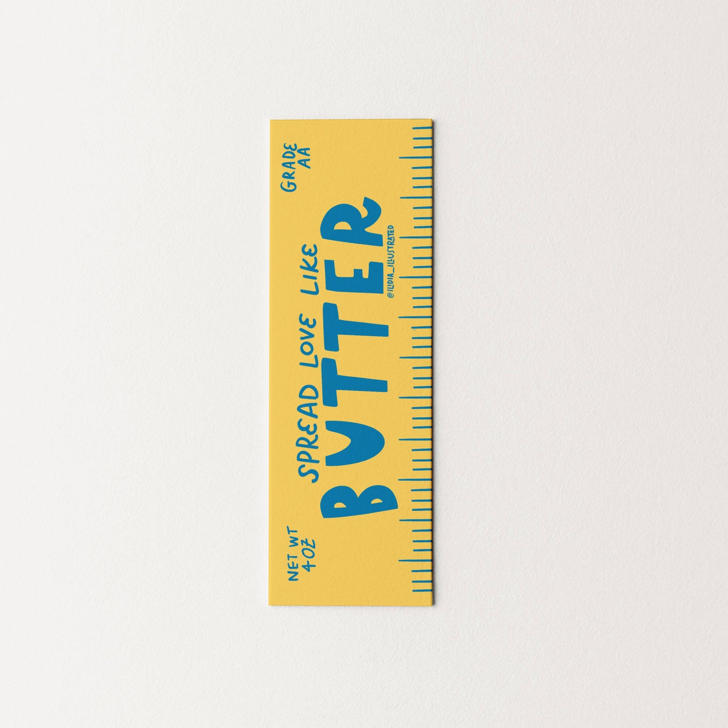 Yellowbutter bookmark spread love like butter with blue text on a white background