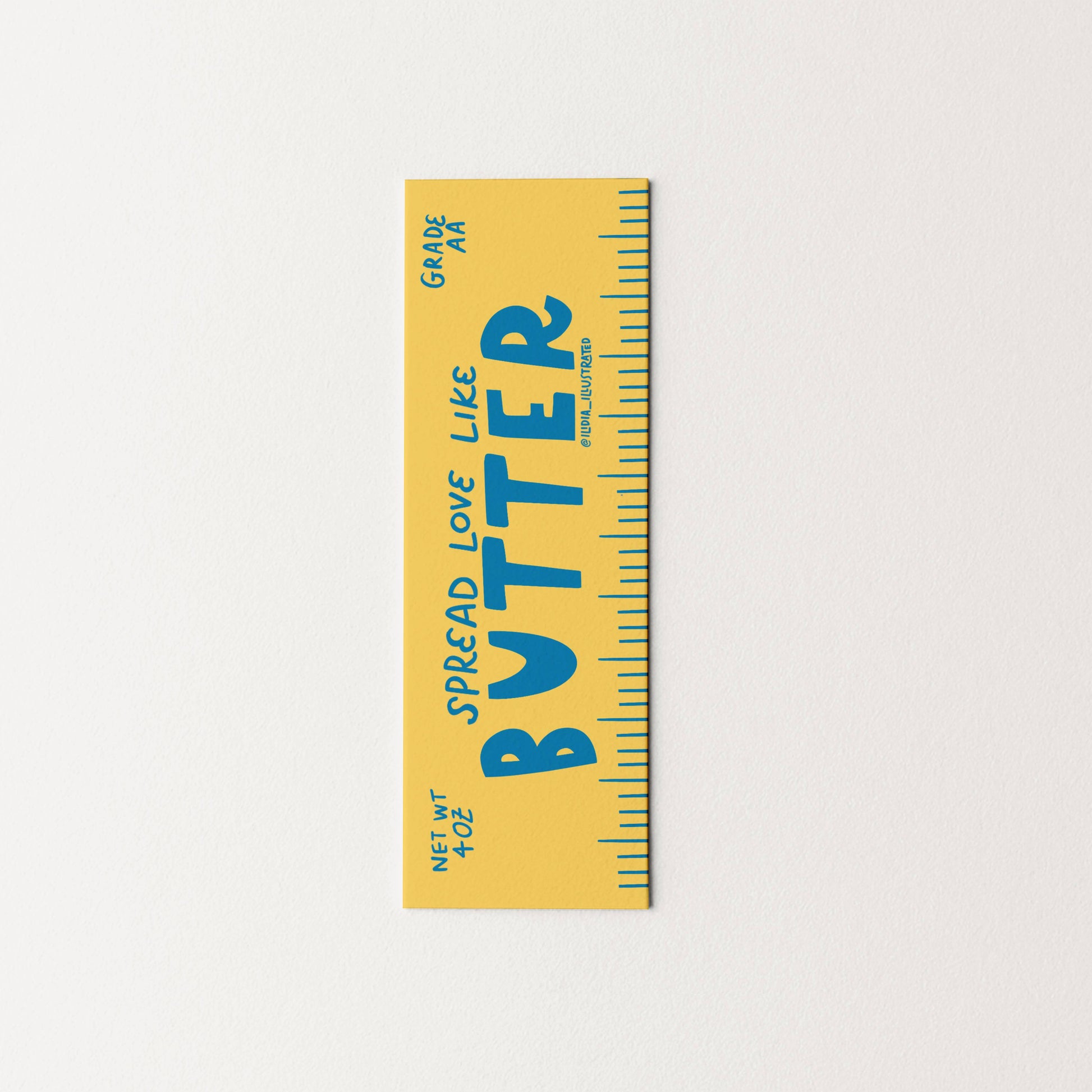 Yellowbutter bookmark spread love like butter with blue text on a white background
