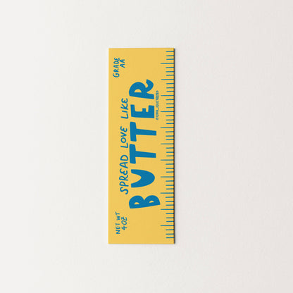 Yellowbutter bookmark spread love like butter with blue text on a white background