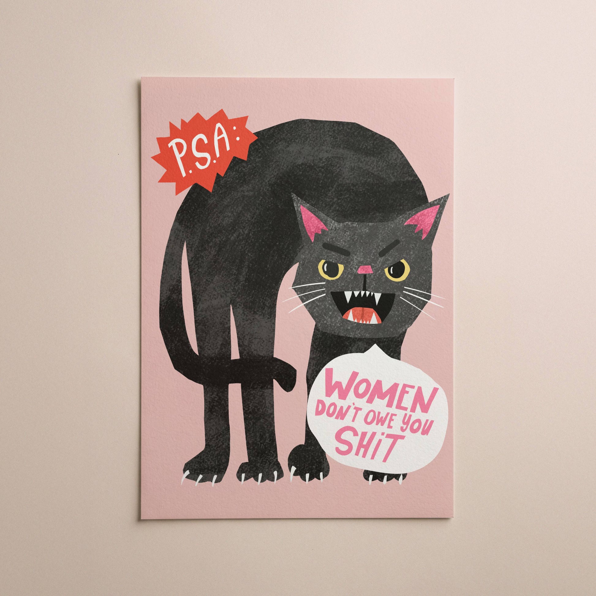 Cartoon black cat with a sign on a pink background