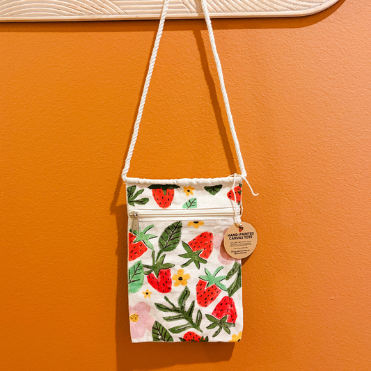 Hand-Stamped Strawberry Canvas Cross Body Bag