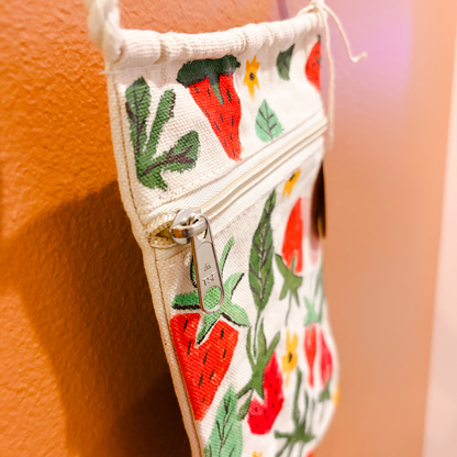 Hand-Stamped Strawberry Canvas Cross Body Bag