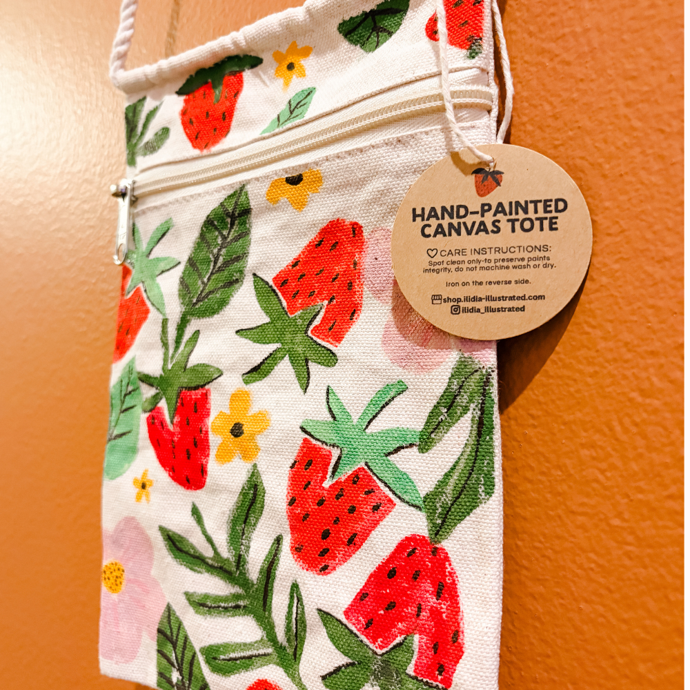 Hand-Stamped Strawberry Canvas Cross Body Bag