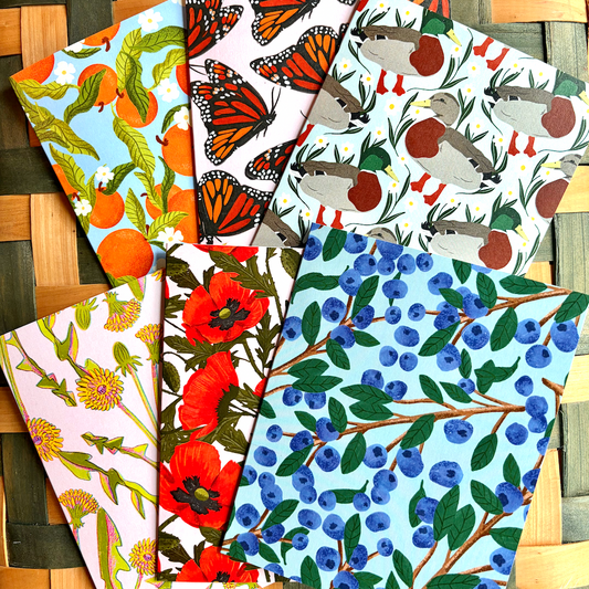 flora and fauna boxed card set, blueberries monarchs oranges dandelions poppies and ducks