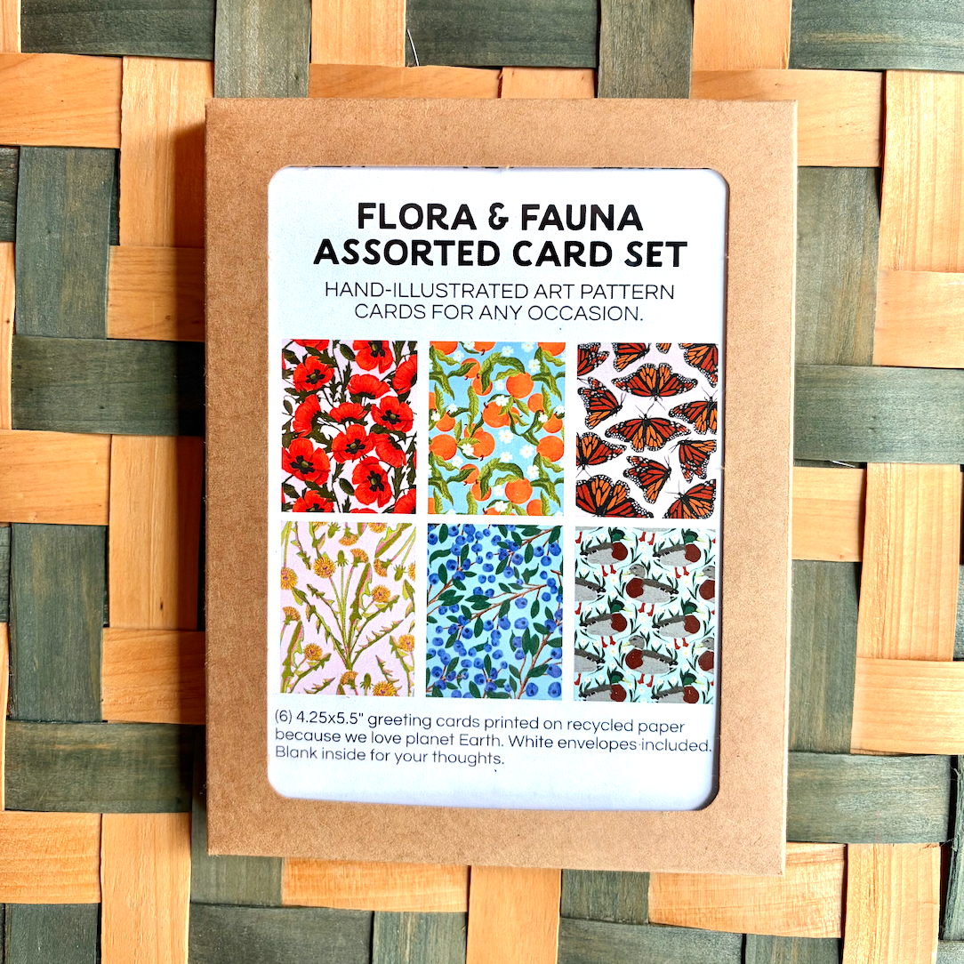 flora and fauna boxed card set, blueberries monarchs oranges dandelions poppies and ducks