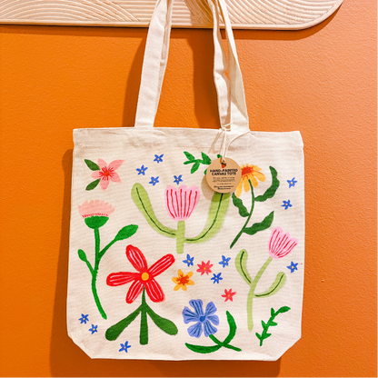 Canvas tote handprinted with flowers and stems