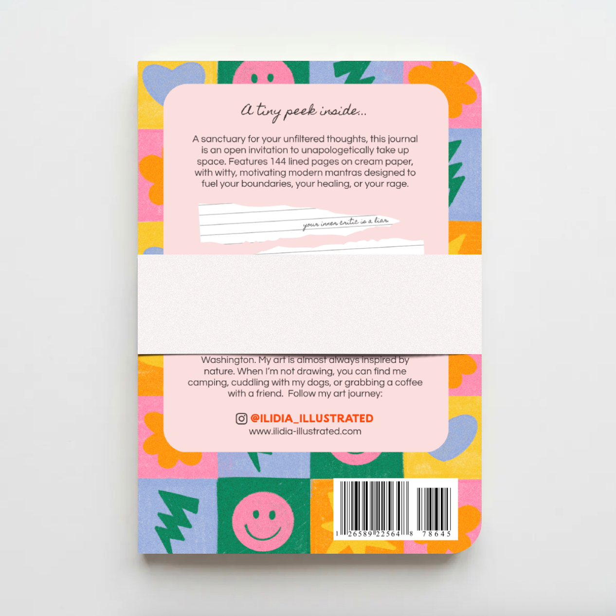 Back cover of a colorful journal with abstract patterns and text on a white background