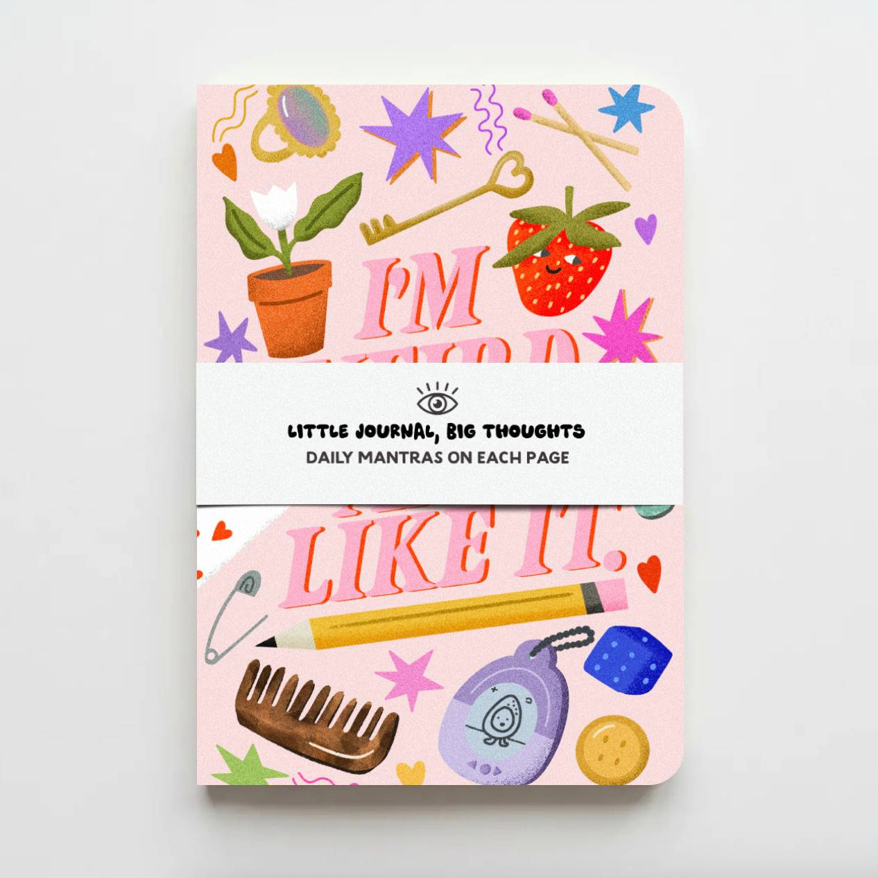 A pink daily mantra notebook with colorful doodle illustrations and a white paper band across the middle that reads 'LITTLE JOURNALS, BIG THOUGHTS' and 'DAILY MANTRAS ON EACH PAGE'.