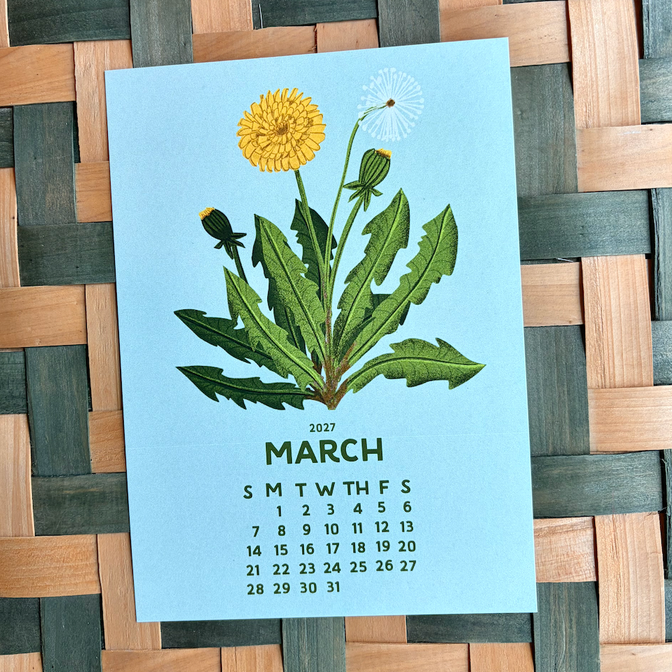 Calendar for March 2027 with a dandelion illustration on a woven surface