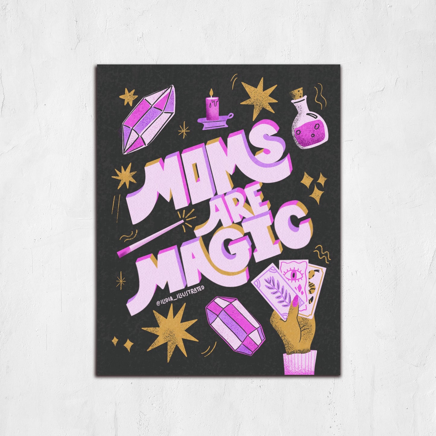 Moms are Magic Witchy Mom Print Tarot Cards, sparkles, potions, gems, crystals and candles.