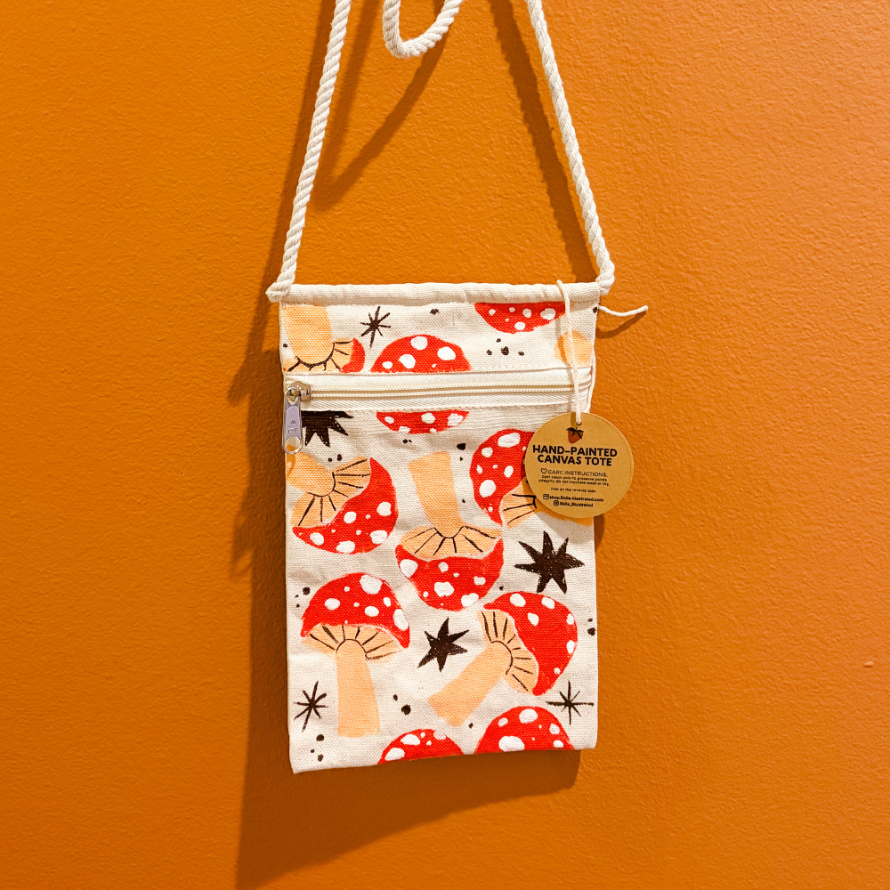 Hand-Stamped Mushroom Canvas Crossbody Bag