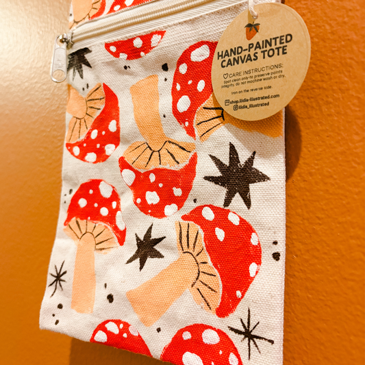 Hand-Stamped Mushroom Canvas Crossbody Bag