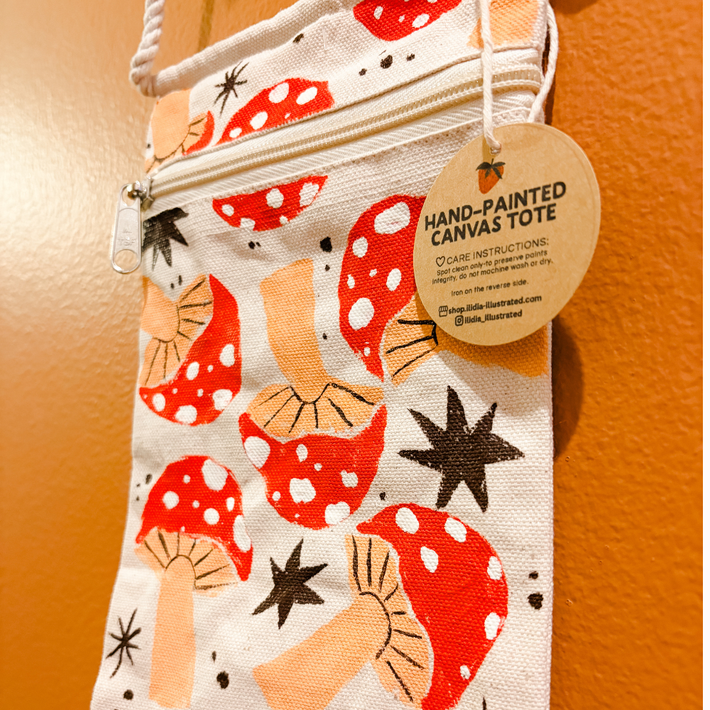 Hand-Stamped Mushroom Canvas Crossbody Bag