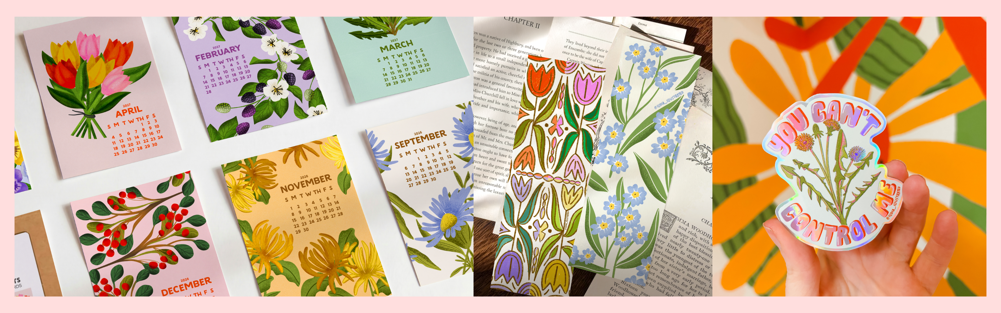 Collection of colorful greeting cards and stationery items with floral designs.