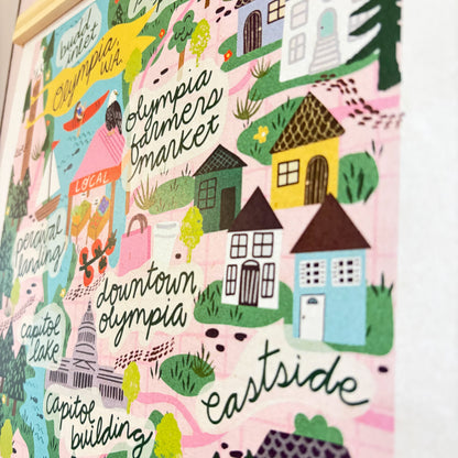 Colorful illustration of a map with various locations in Olympia, Washington.