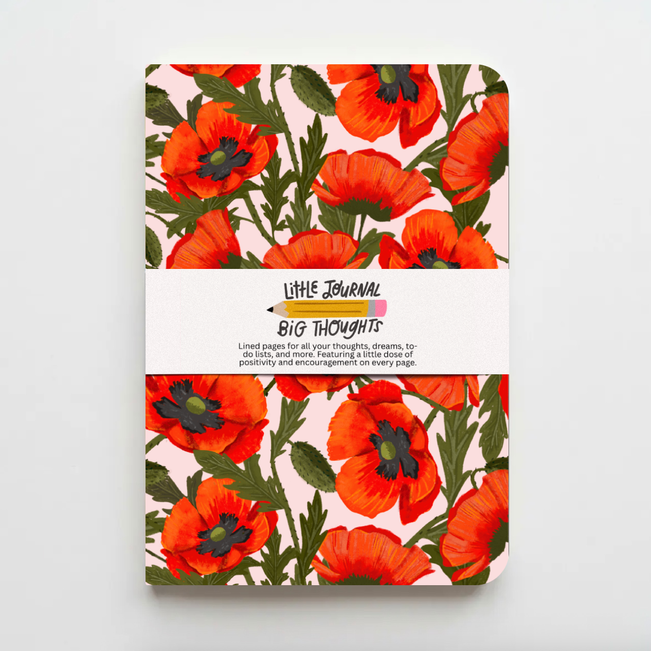 poppies Journal with red floral poppy design on a white background
