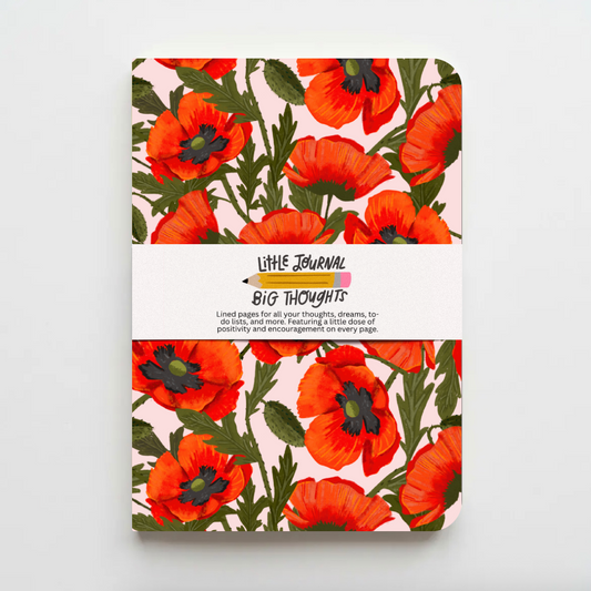 poppies Journal with red floral poppy design on a white background