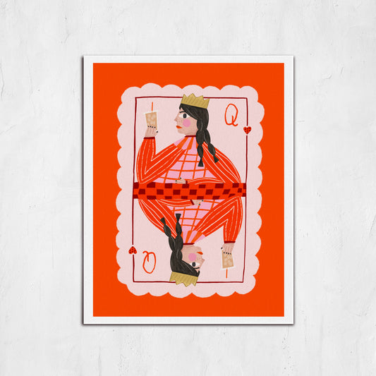 Framed artwork of a stylized card with a person on an orange background
