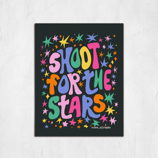 Colorful 'Shoot for the Stars' poster with stars on a white background