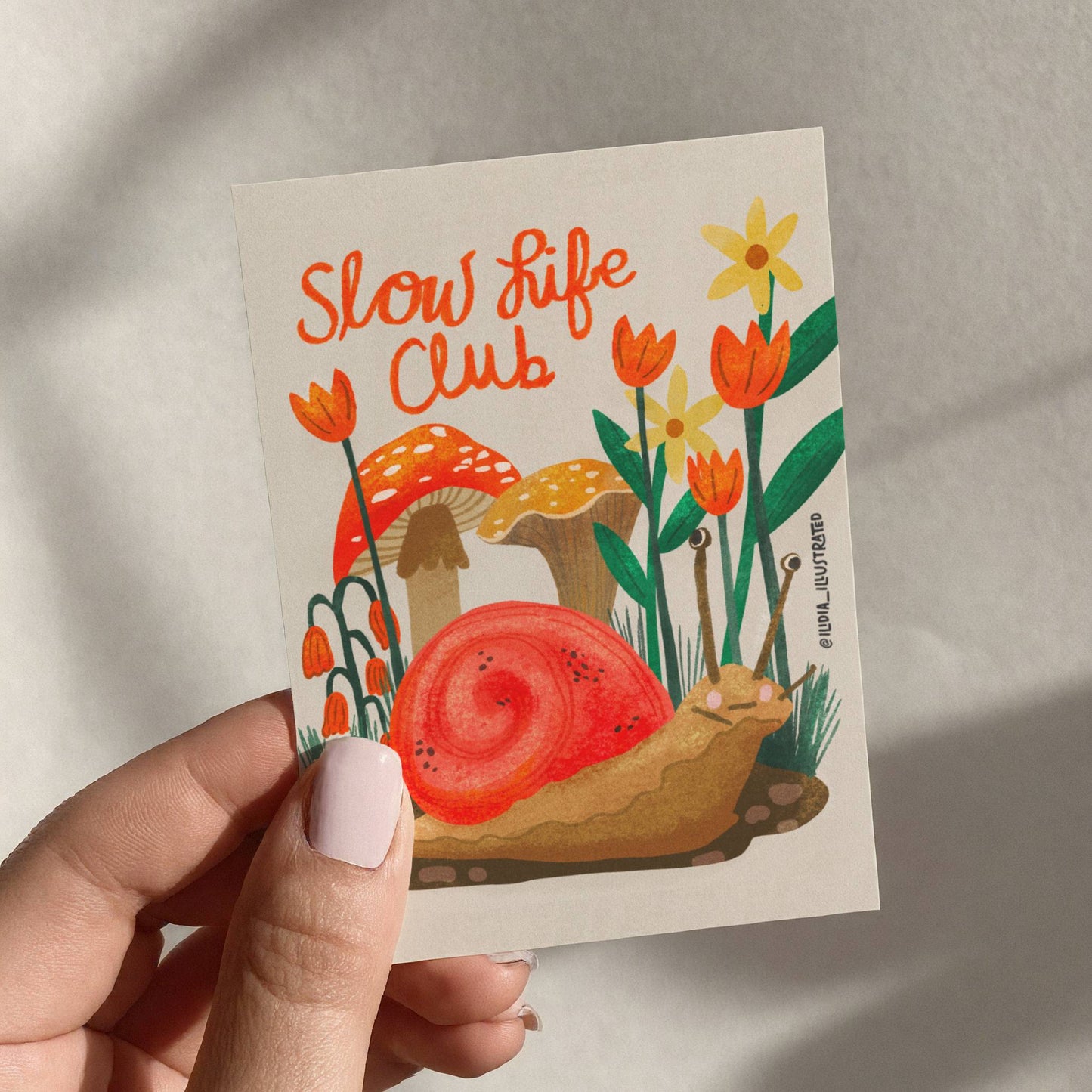 Slow Life Club Mushroom and Snail Mini Art Card Print, Collectible