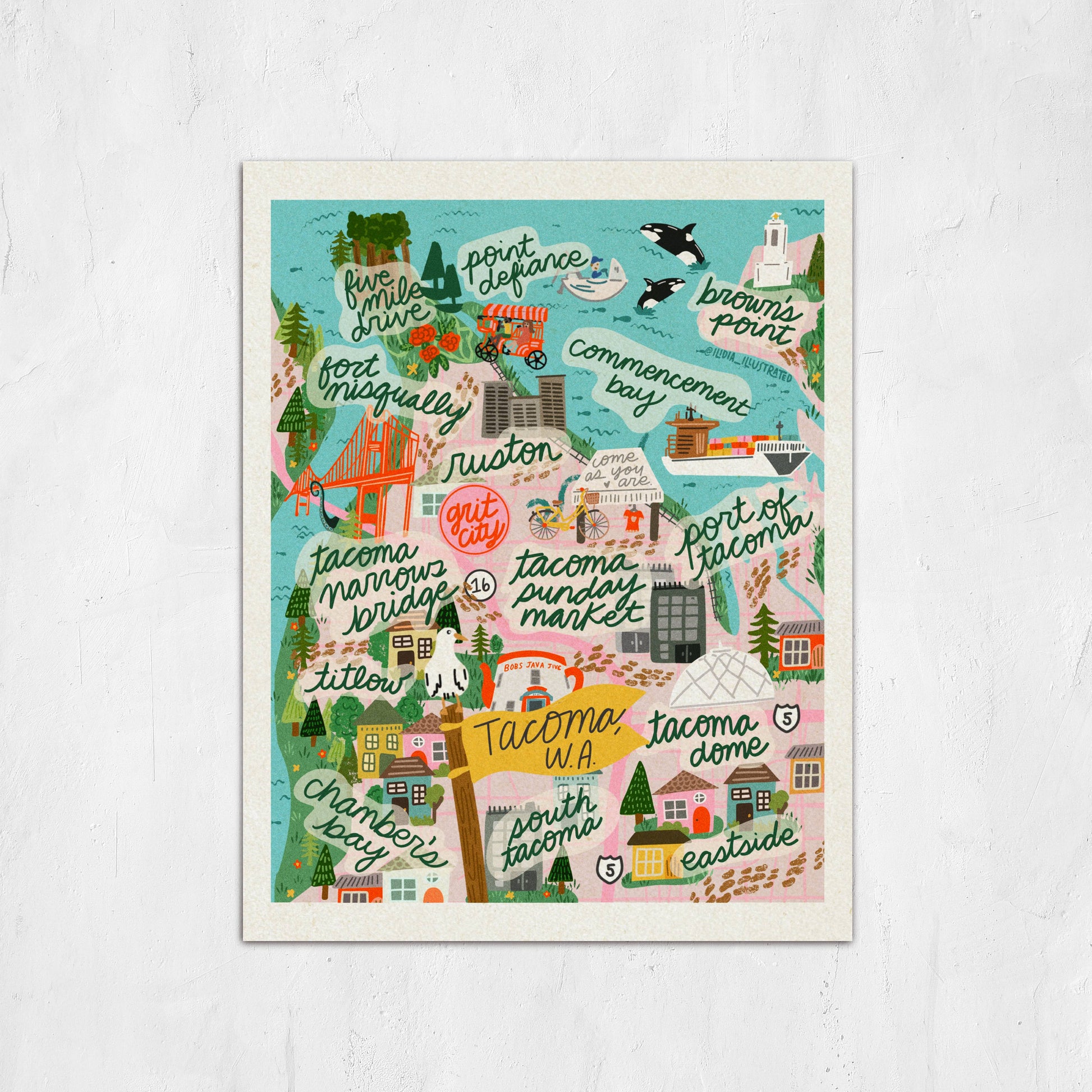 Colorful illustrated map of Tacoma, Washington on a white background