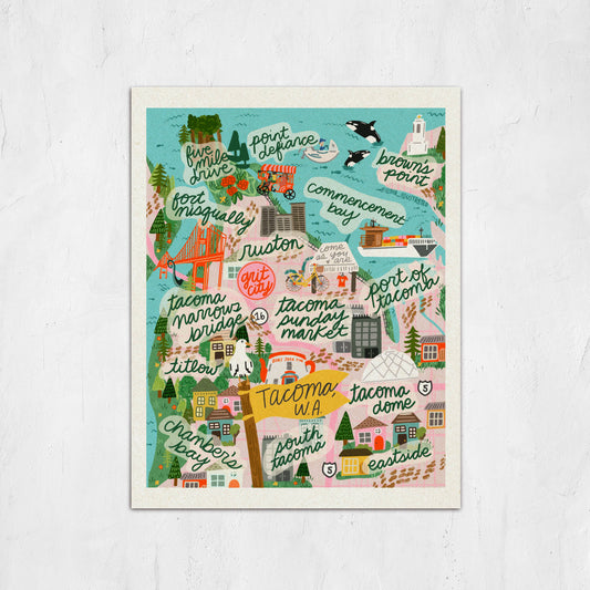 Colorful illustrated map of Tacoma, Washington on a white background