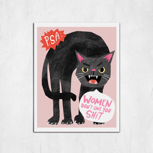Illustration of a black panther holding a sign with text on a pink background