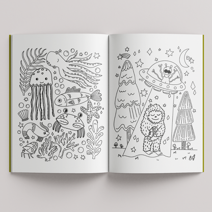 Open coloring book with black line art on a white background