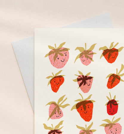 strawberry greeting card smiling happy strawberries pattern on a light background