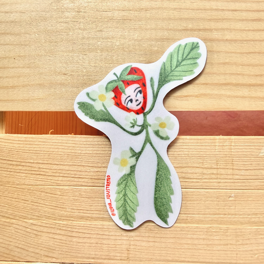 strawberry friend sticker on wood background